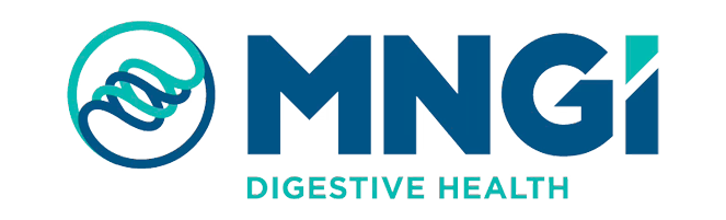 Logo for MNGi Digestive Health, featuring a stylized circular symbol with wave-like lines, and the company name in bold blue and teal letters.