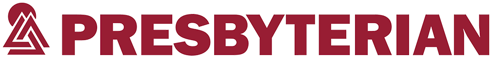Presbyterian logo with a stylized triangle symbol and the word 'PRESBYTERIAN' in bold, burgundy letters.