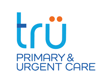 Logo for Trü Primary & Urgent Care featuring the word 'trü' in lowercase blue letters with two orange dots over the 'u', followed by the text 'PRIMARY & URGENT CARE' in blue.