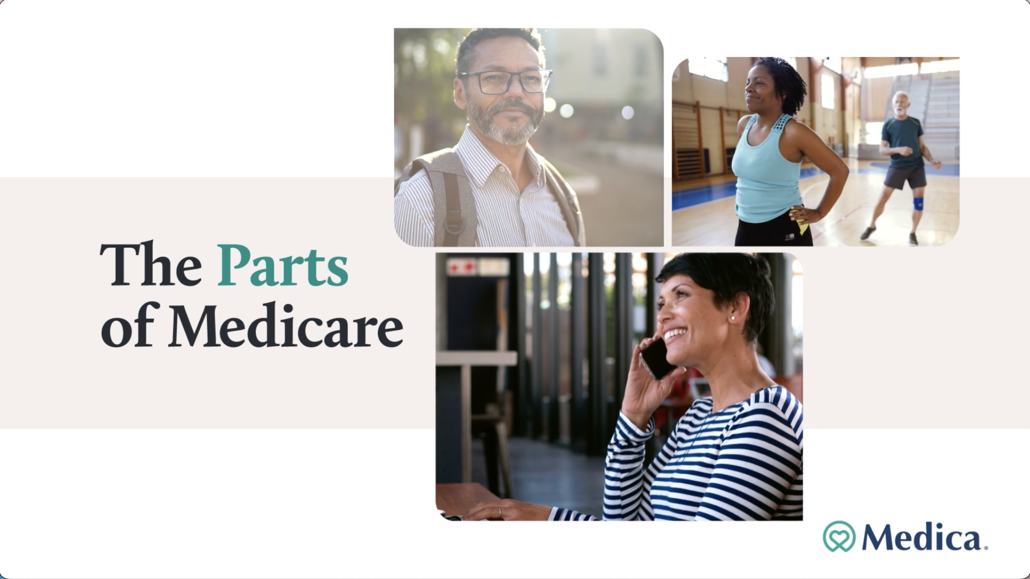 A collage of three people and the text 'The Parts of Medicare.' One man with glasses and a beard outdoors, a woman in athletic wear in a gym, and a woman talking on a phone indoors, with the Medica logo at the bottom right.
