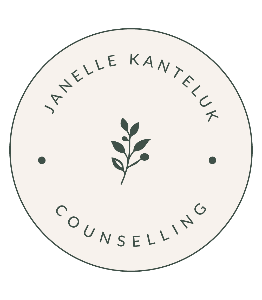 A circular logo with a white background and dark green text and illustration. The text reads "Janelle Kanteluk Counselling" arranged around the top and bottom of the circle, with a small green plant illustration in the center.