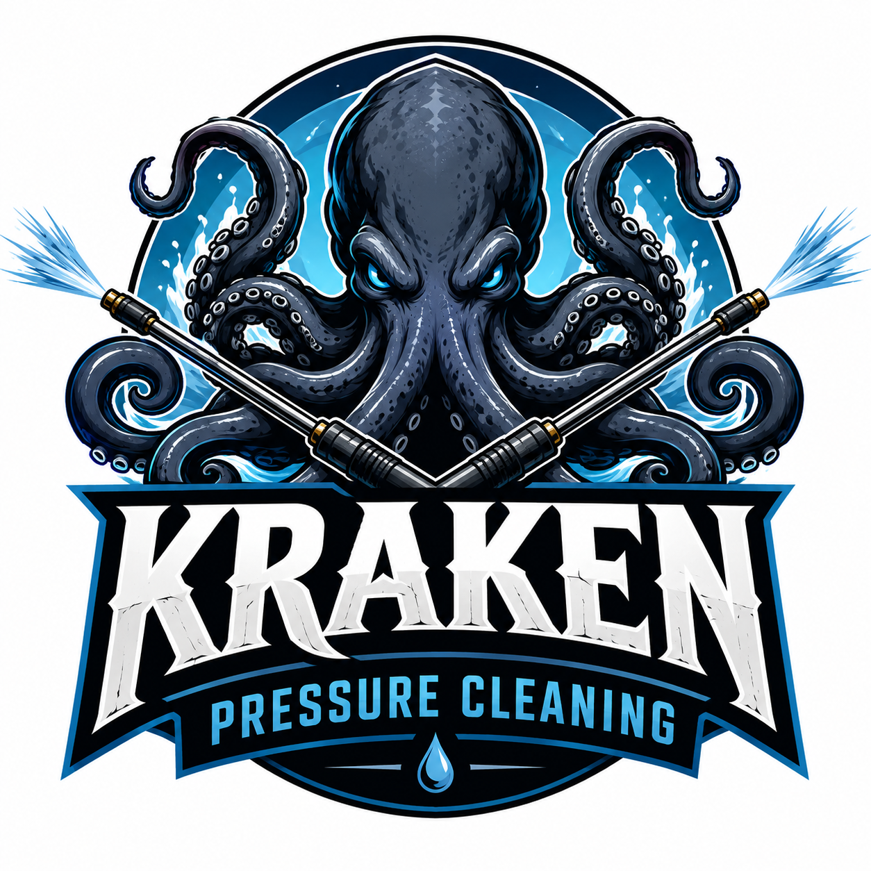Logo featuring a menacing blue-eyed octopus holding two pressure washers, with the text 'Kraken Pressure Cleaning' underneath.