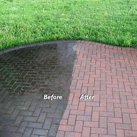 Comparison of a paved pathway before and after cleaning or repair, with grass in the background.
