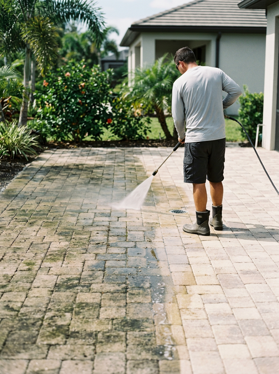 A man is pressure washing a brick driveway outside a house surrounded by plants and shrubs.