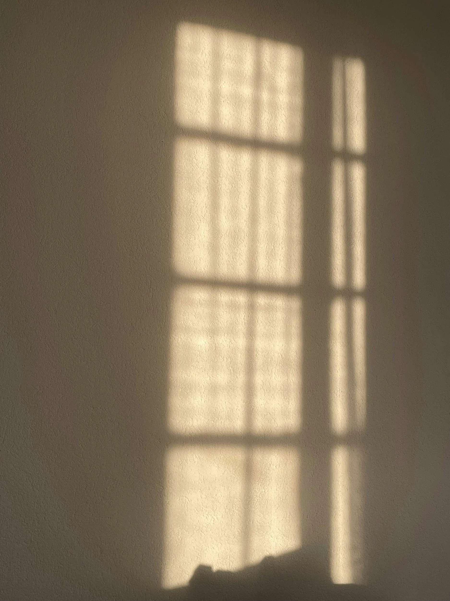 Sunlight casting a grid-like shadow on a beige wall.