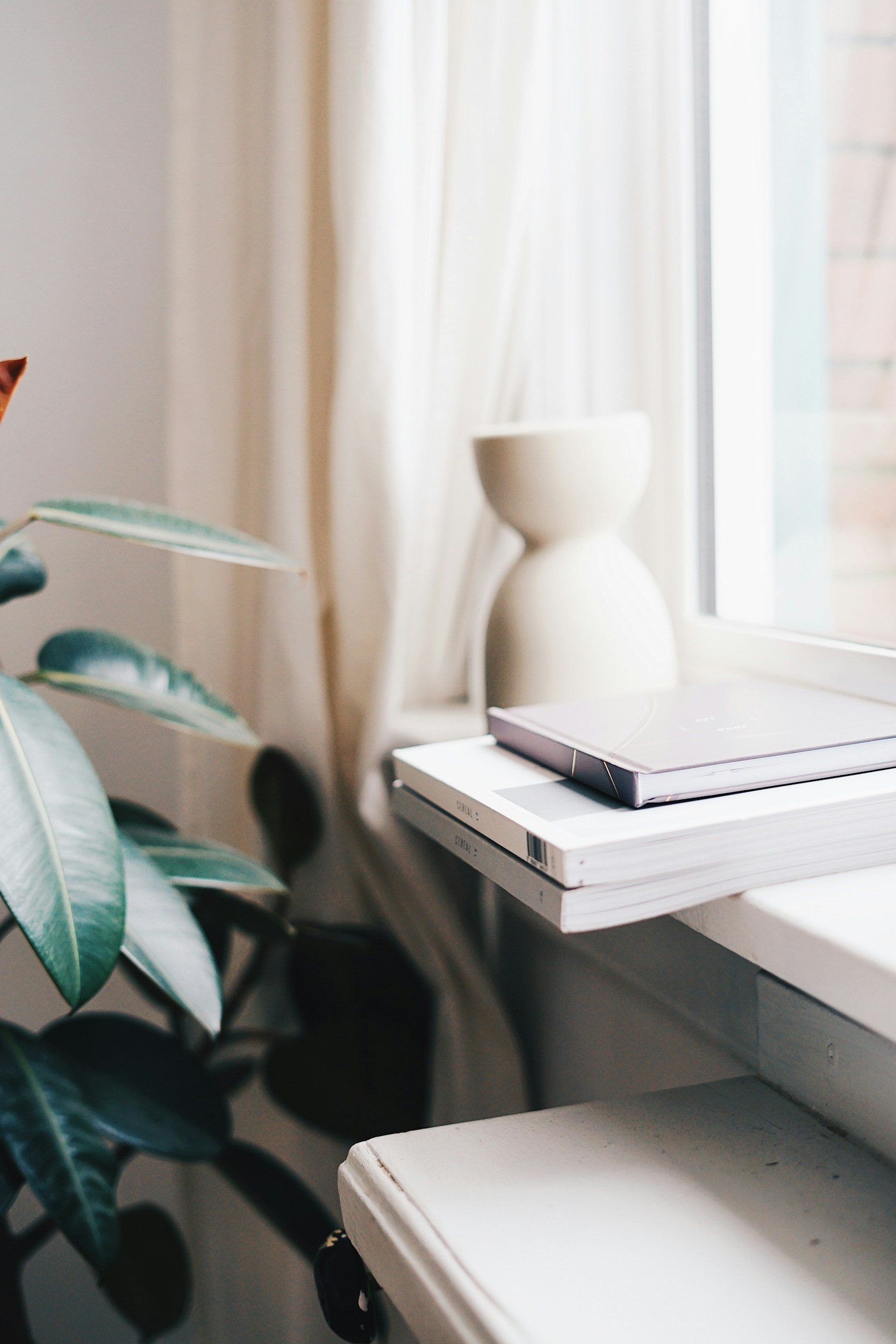 A windowsill with a white ceramic vase, a closed laptop, and a stack of magazines or notebooks, next to a potted plant with large green leaves.