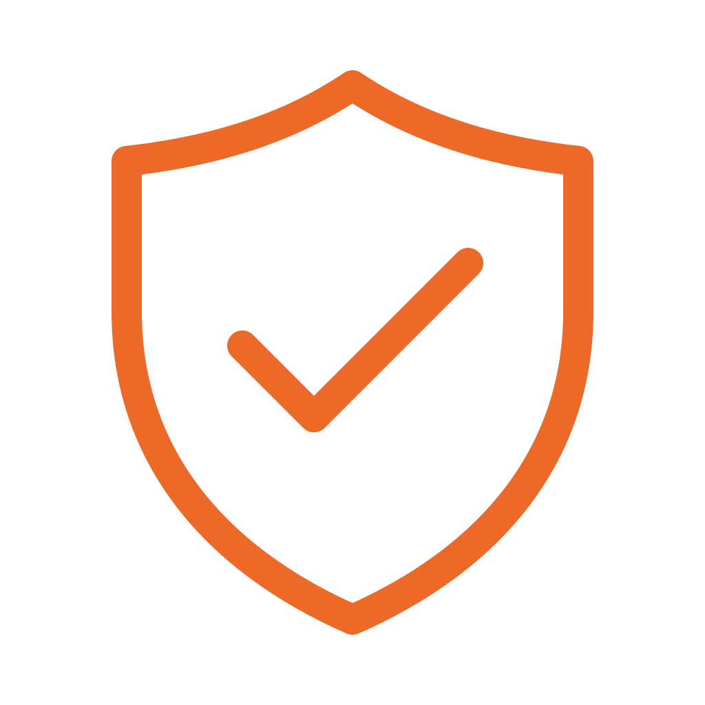 Orange shield with a checkmark inside, representing security or protection.