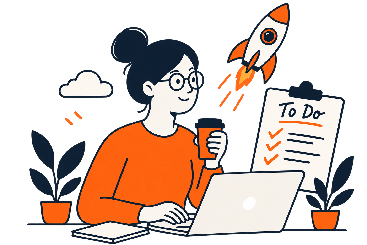 A woman with glasses sitting at a desk with a laptop, coffee, and a to-do list, with a rocket taking off in the background.