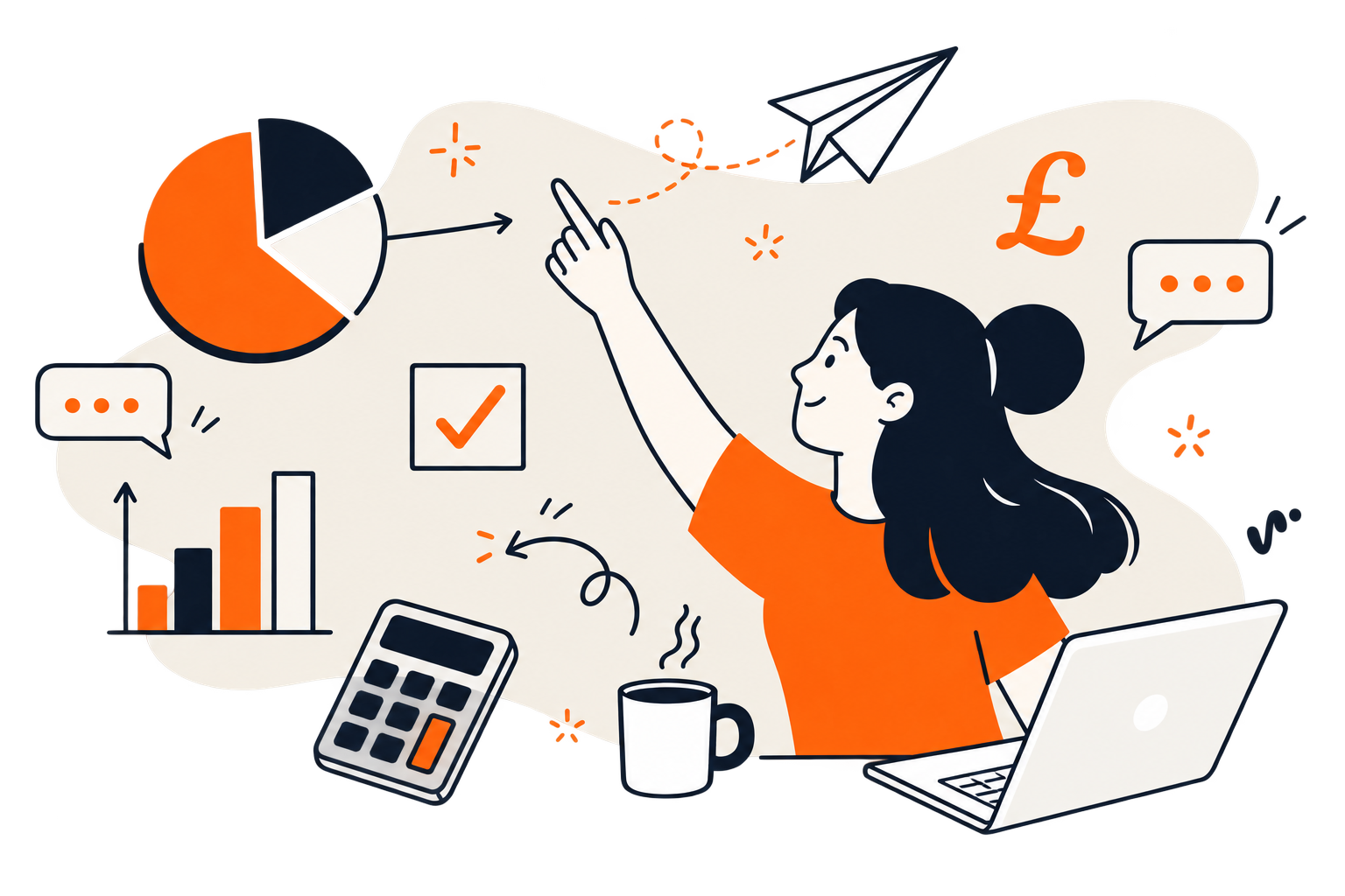 Illustration of a woman at a desk with a laptop, coffee mug, and calculator, surrounded by business icons such as a pie chart, bar graph, check mark, speech bubbles, pound symbol, and a paper airplane, symbolizing financial growth and communication.