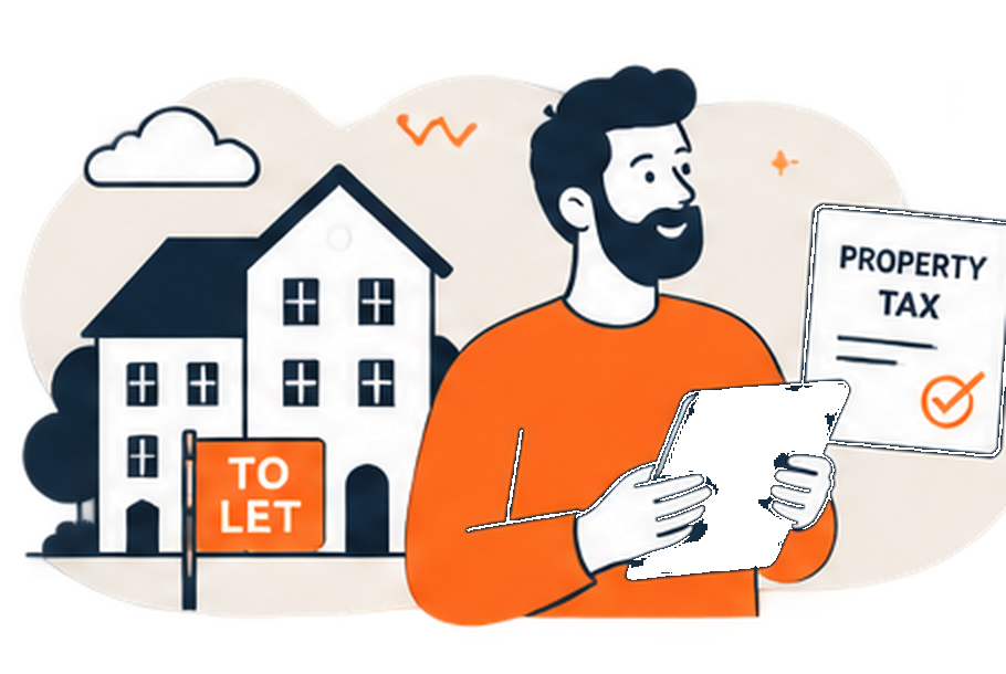 A man holding a tablet in front of a house with a "To Let" sign, and a property tax document in the background.