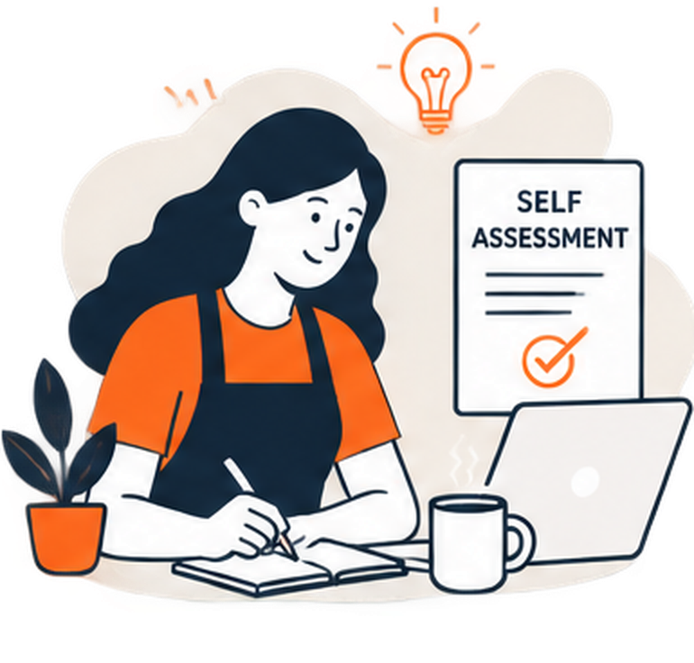Illustration of a woman doing a self-assessment, sitting at a desk with a notebook, pencil, laptop, and a coffee mug. There is a potted plant on the desk, a light bulb above, and a screen displaying 'Self Assessment' with a checkmark.