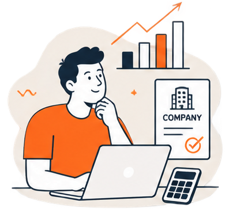 Illustration of a man working on a laptop, with a business document labeled 'Company' and a calculator nearby. Graphs and charts showing upward trends hover above, indicating business growth or success.
