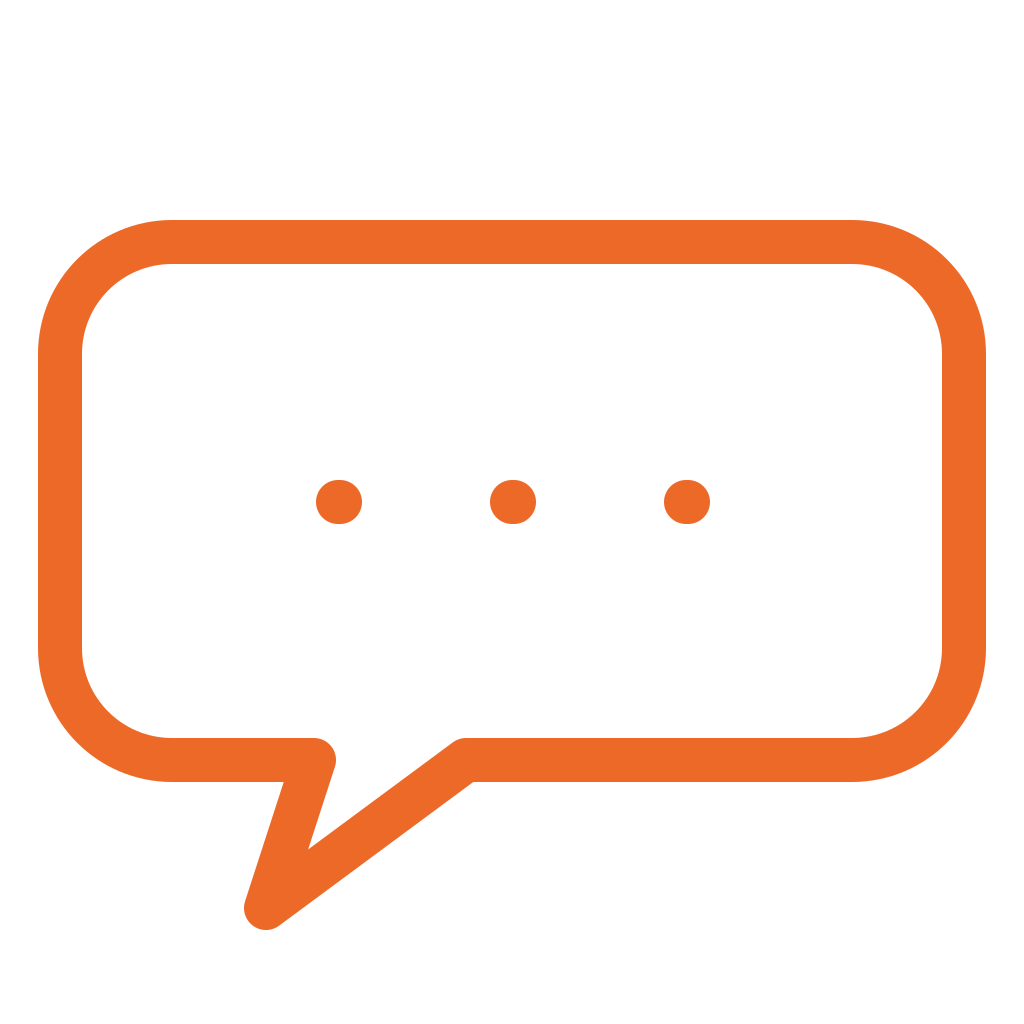 A speech bubble icon with three dots inside, outlined in orange on a black background.