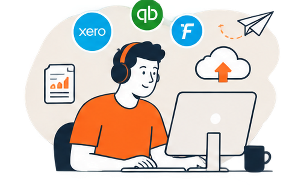 An illustration of a person with headphones working on a computer, surrounded by cloud upload icons and various software logos, including Xero, QuickBooks, Fathom, and Paper airplane representing email or communication.