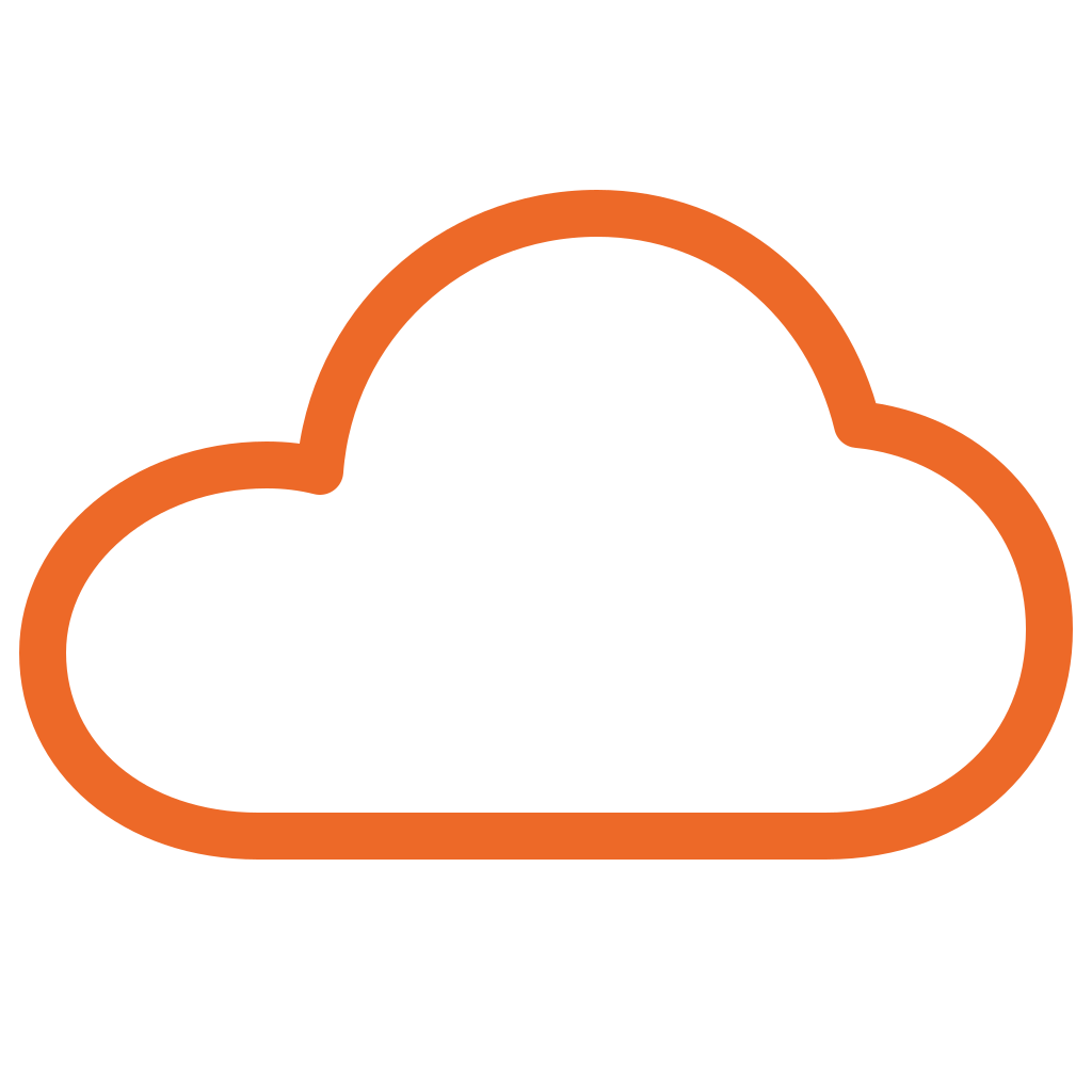 Outline of a cloud icon in orange color on a black background.