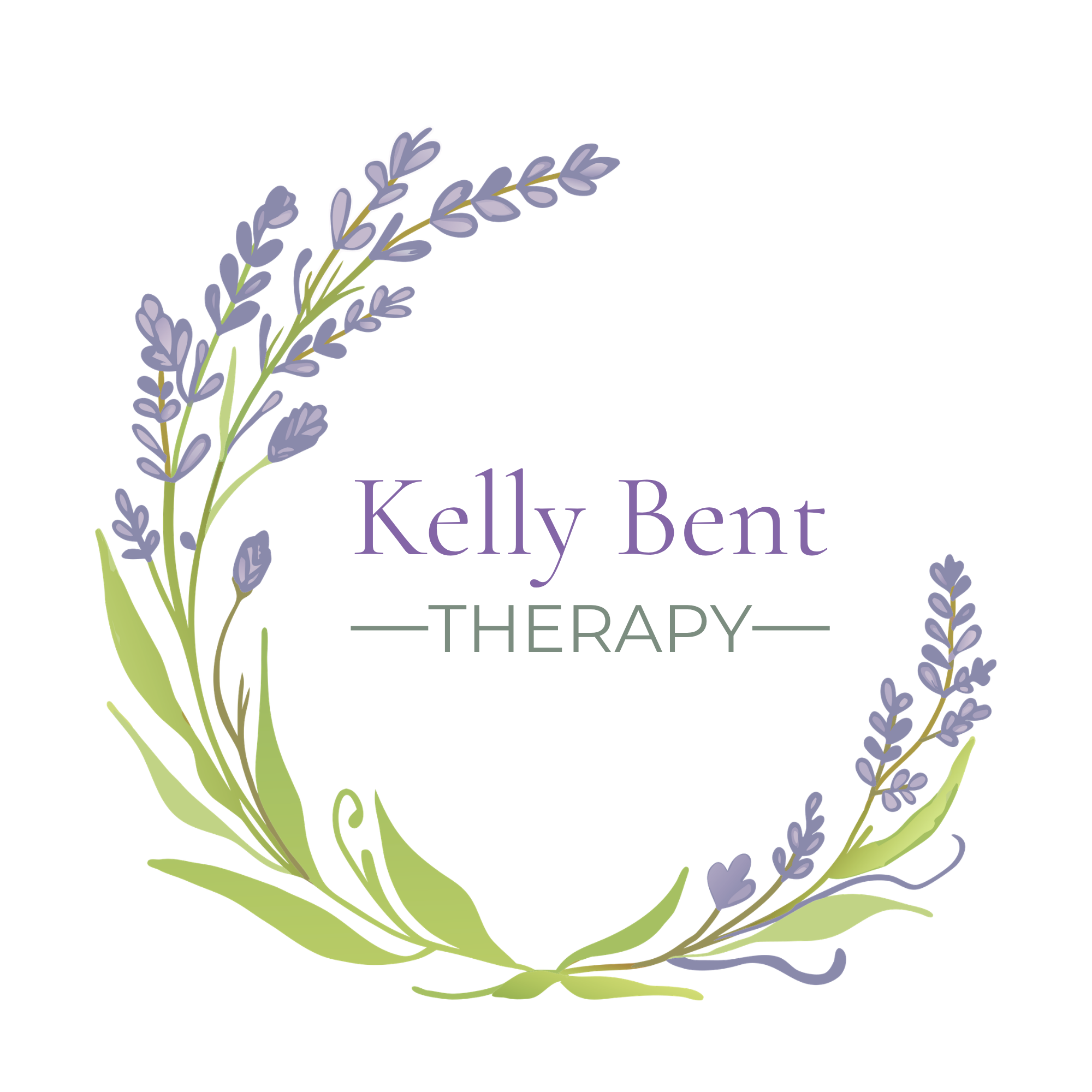 Illustration of lavender flowers with green stems and purple petals, and text reading "Kelly Bent Therapy".
