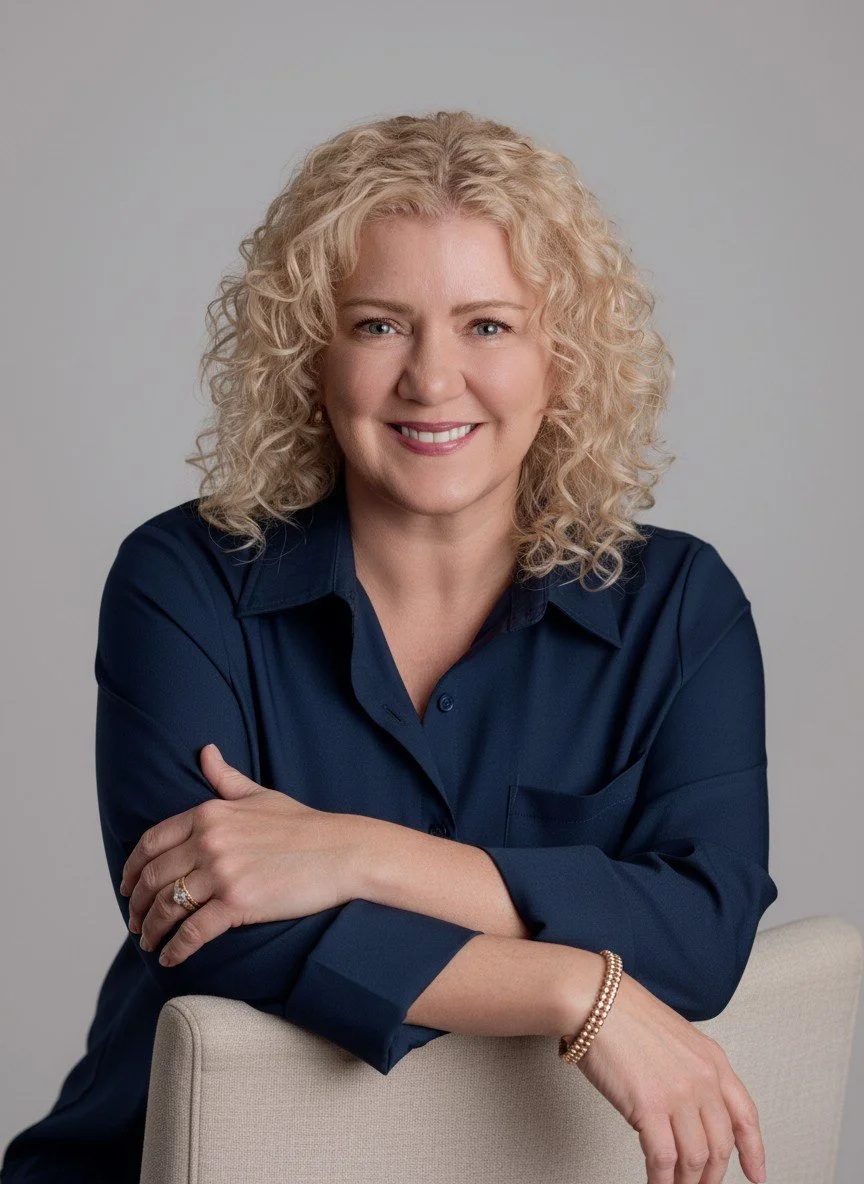A woman with curly blonde hair smiling, wearing a navy blue button-up shirt, sitting with her arms crossed on a light-colored chair against a gray background.