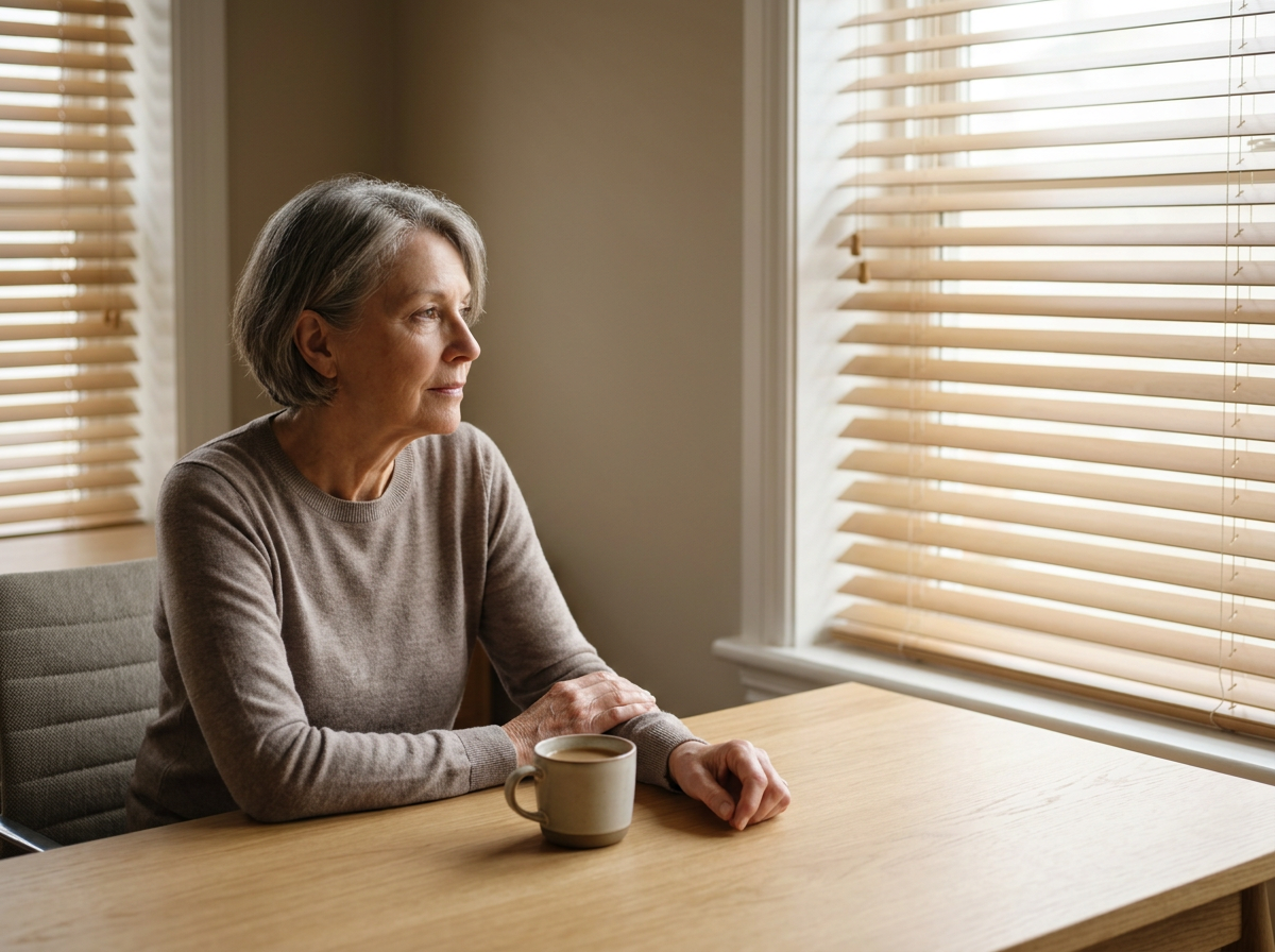 An elderly woman with short gray hair sits at a wooden table with a coffee mug, gazing out of a window with blinds, in a cozy room with beige walls.