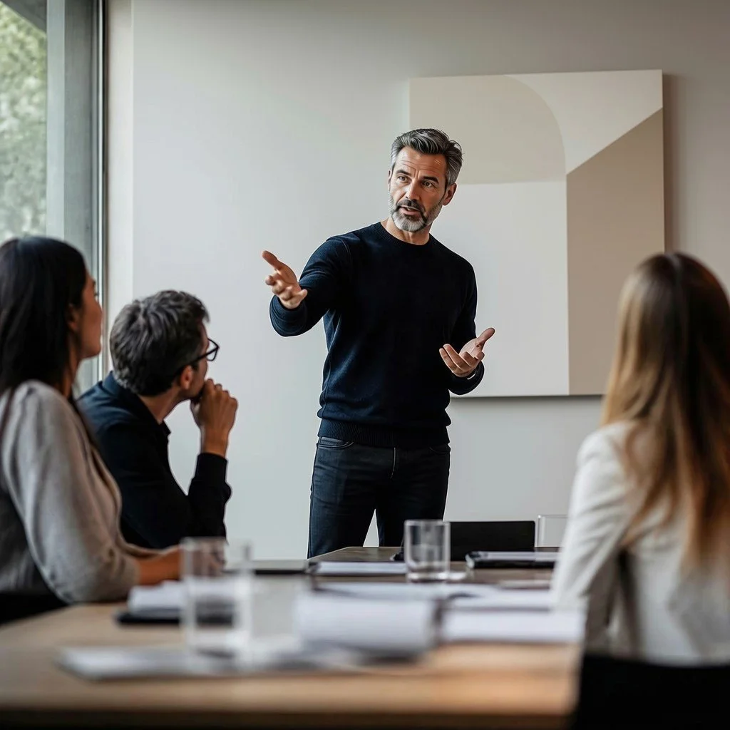 Dirigeant d’agence présentant un projet à ses clients