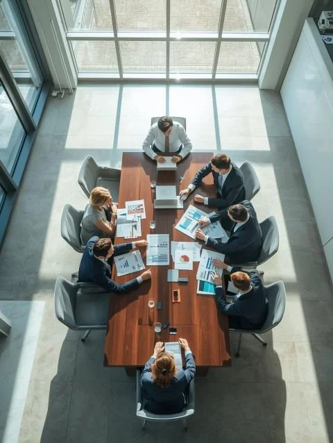 Équipe en réunion autour d’une table pour travailler sur son développement commercial