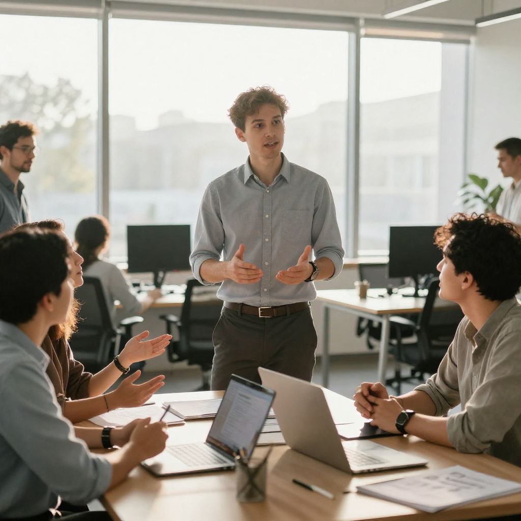 Dirigeant échangeant avec son équipe sur son activité commerciale