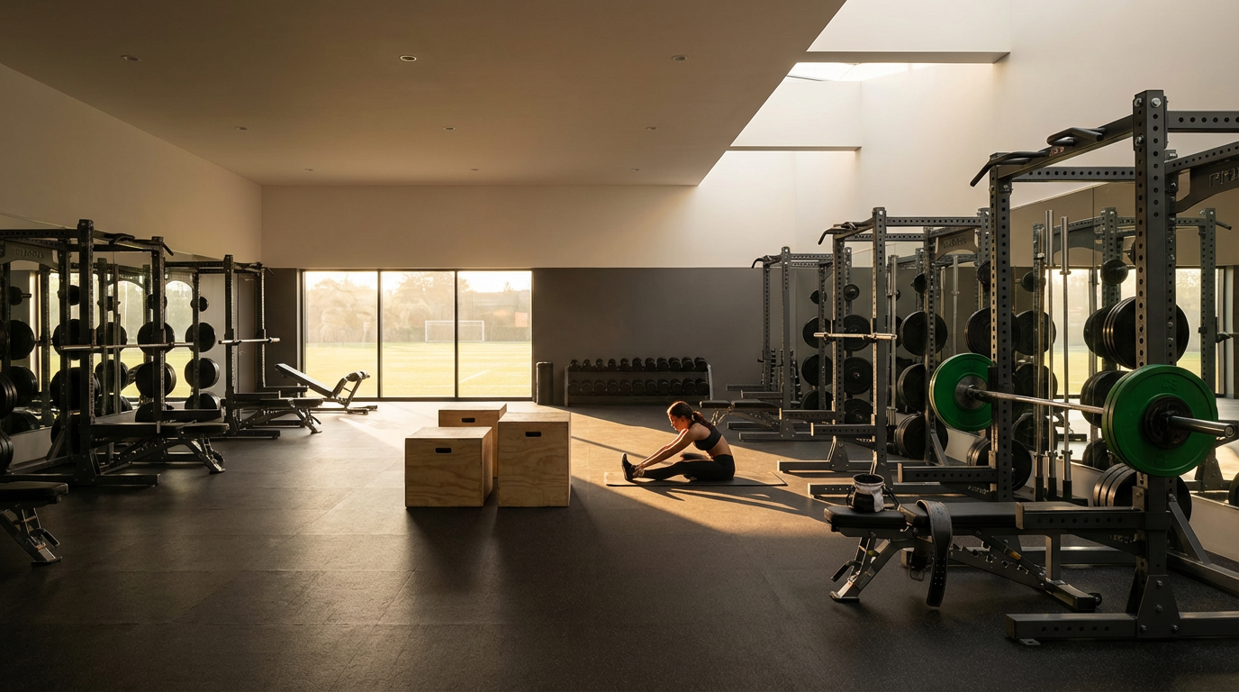 A woman stretching on the gym floor next to wooden plyometric boxes in a spacious gym with large windows and weightlifting equipment.