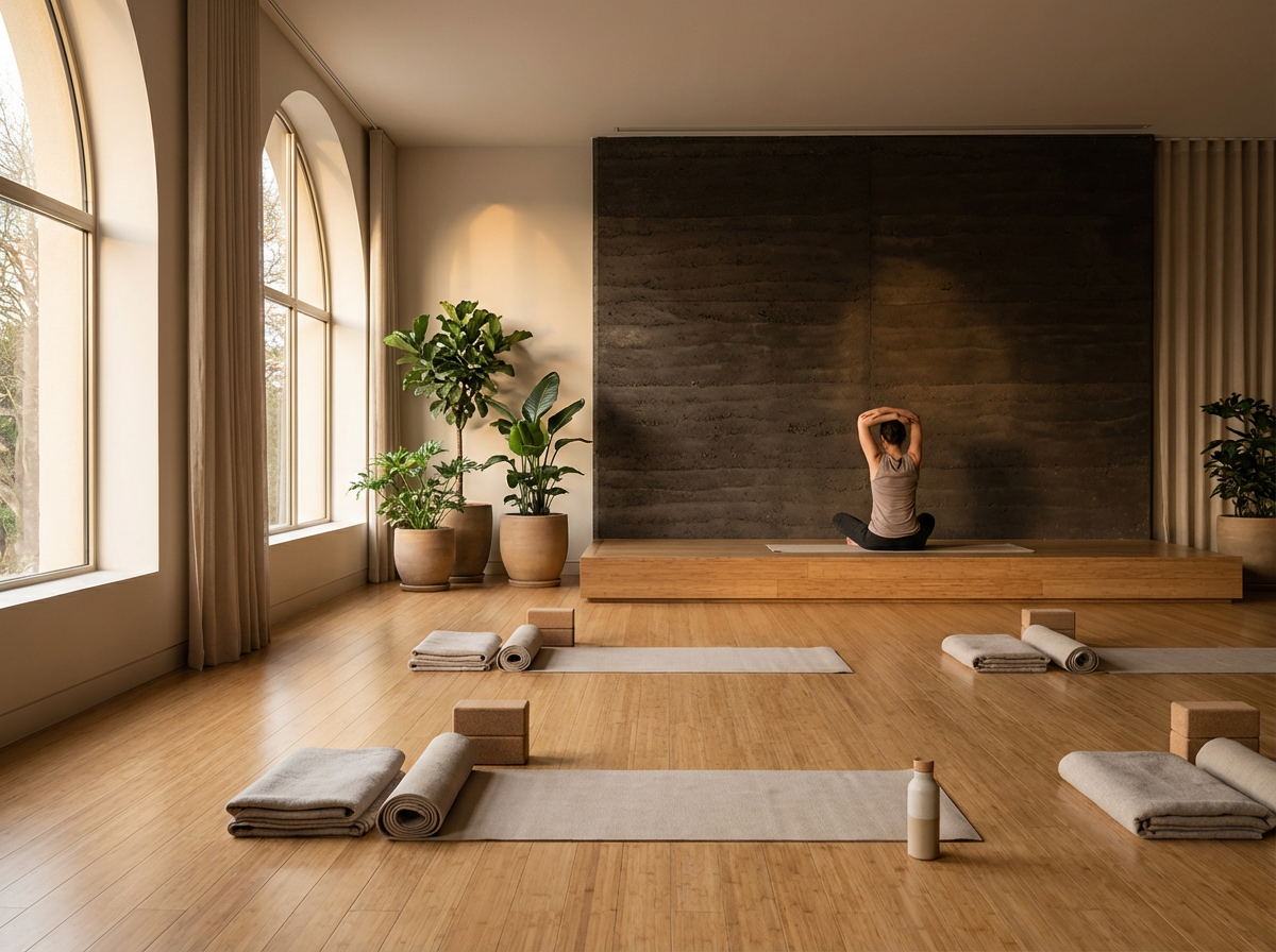 A woman practicing yoga in a spacious, sunlit yoga studio with large arched windows, wooden floors, and potted plants. She is seated cross-legged with her hands behind her head, facing a dark textured wall.