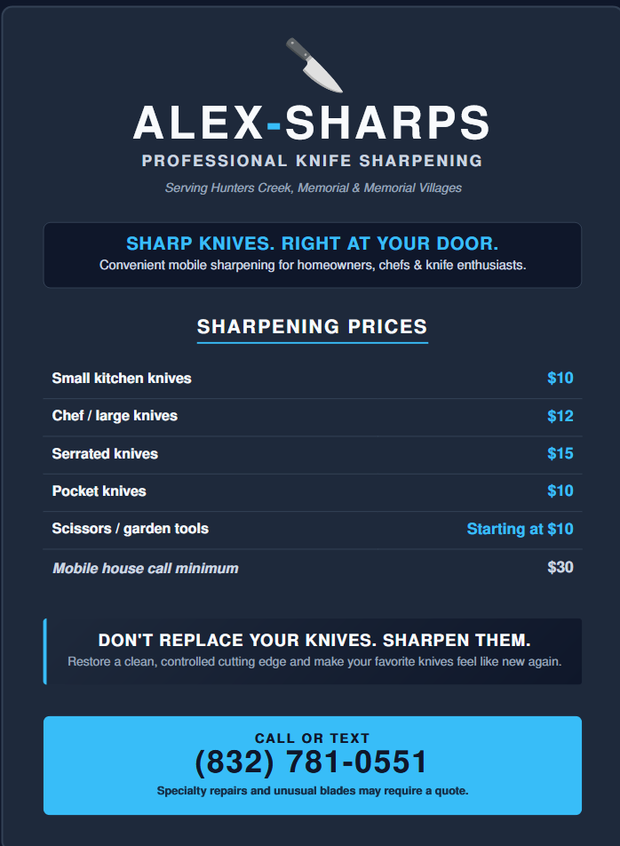 Advertisement for Alex-Sharps professional knife sharpening service featuring information on sharpening prices and contact number.