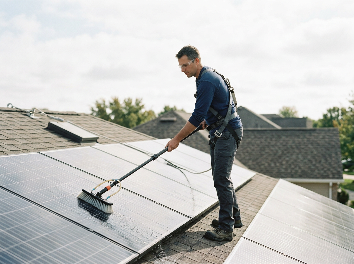 A man is cleaning solar panels on a house roof with a long-handled brush.