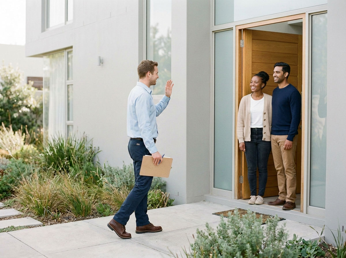 A couple standing at the doorway of their new house, being greeted by a real estate agent. The couple is smiling and the agent is waving.