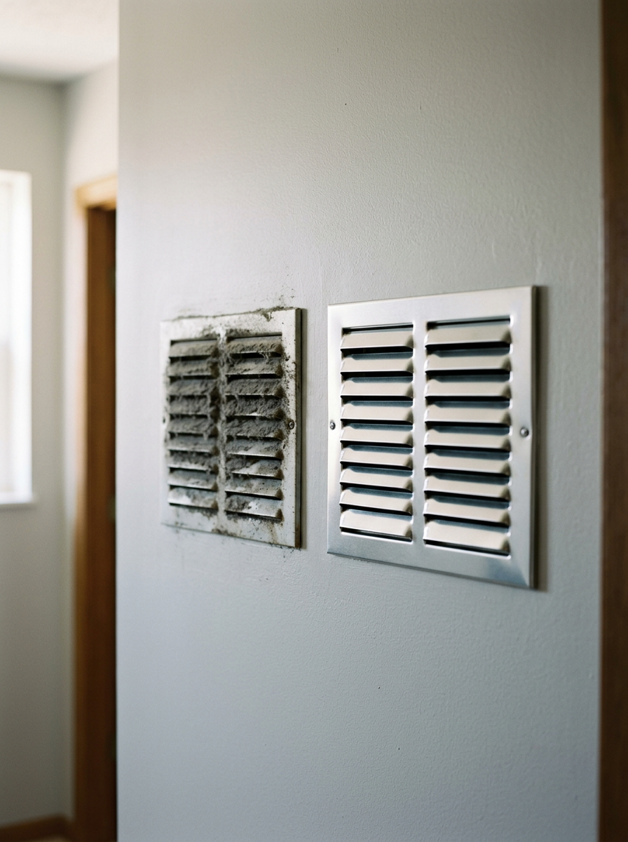 Comparison of a dirty, dusty wall vent cover and a clean, recently replaced wall vent cover.