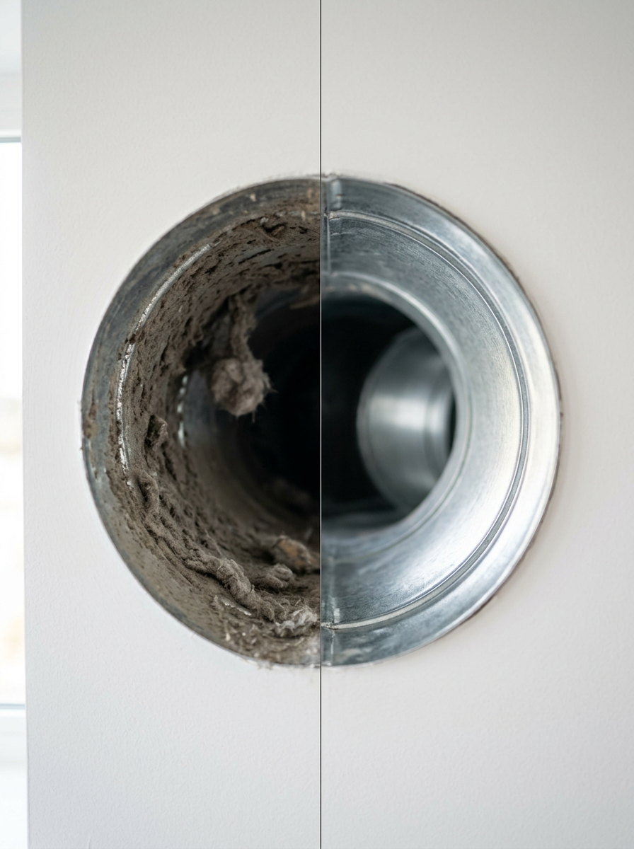Before and after comparison of a washing machine pipe connection—left side shows a dirty, clogged pipe; right side shows a clean, new pipe fitting.