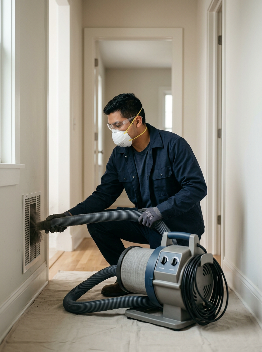 A man wearing safety glasses, a face mask, and gloves is kneeling on the floor, using a vent cleaning machine with a long hose to clean a vent in a wall.