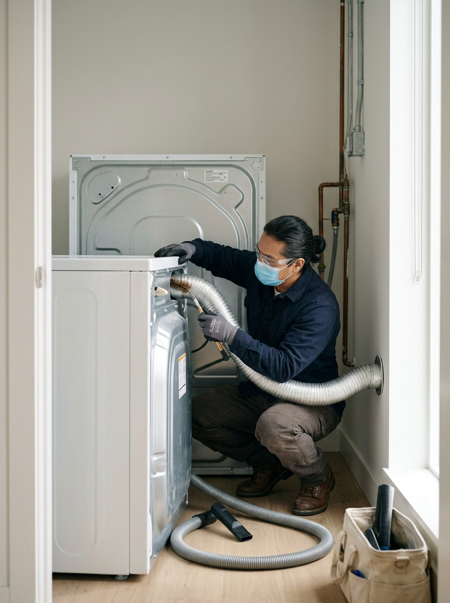 A technician wearing a mask and gloves is repairing a washing machine in a small laundry room, with tools and a toolbox nearby.