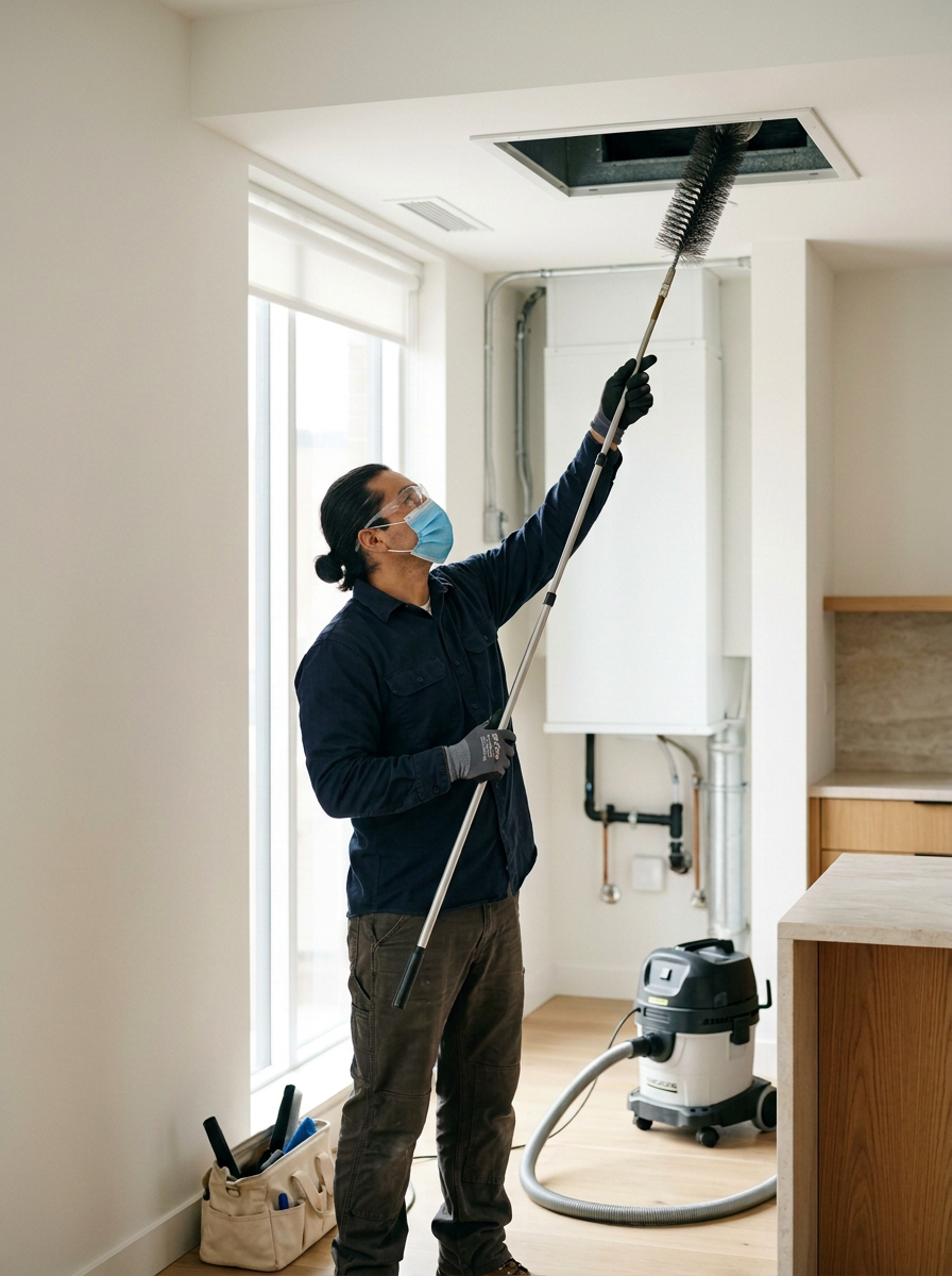 Person cleaning ceiling vent with a long duster in a bright kitchen while wearing a face mask and gloves.