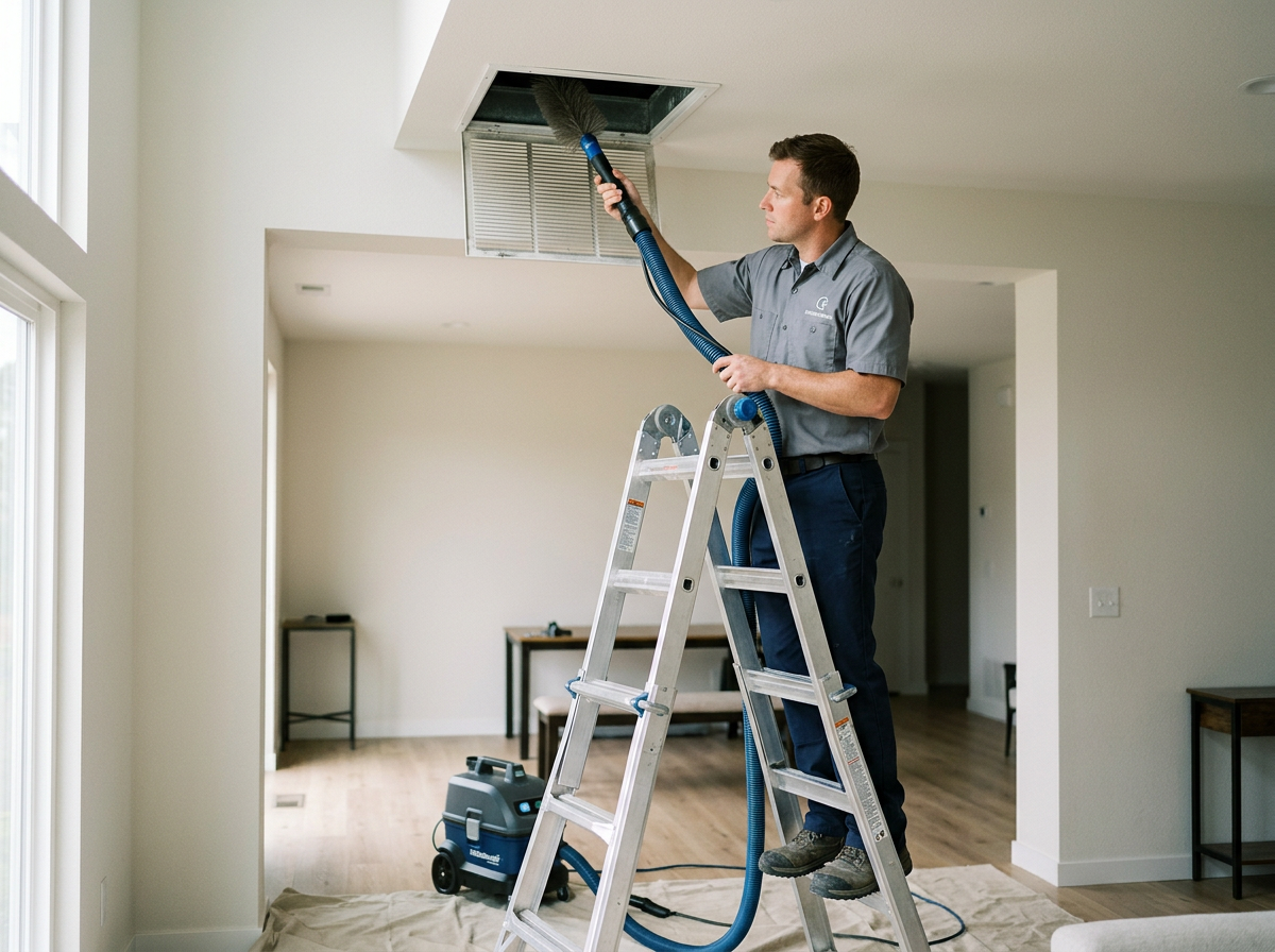 A man standing on a ladder cleaning an air vent on the ceiling with a vacuum brush attachment.