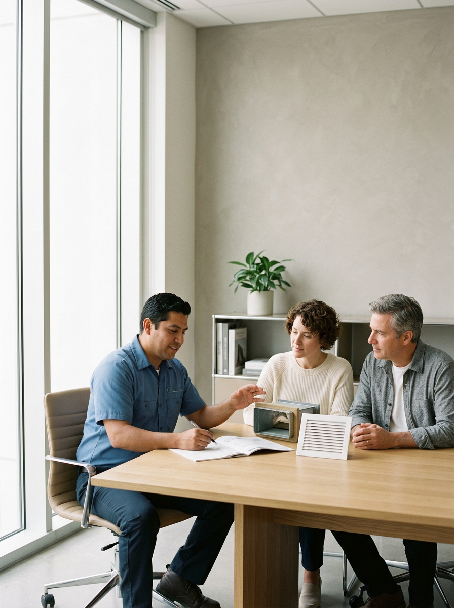 Three people sit around a wooden table in an office, engaged in a discussion. One man, in a blue shirt, is showing documents to a woman and a man, who are listening attentively. Behind them is a shelf with books and a potted plant, and large windows let in natural light.