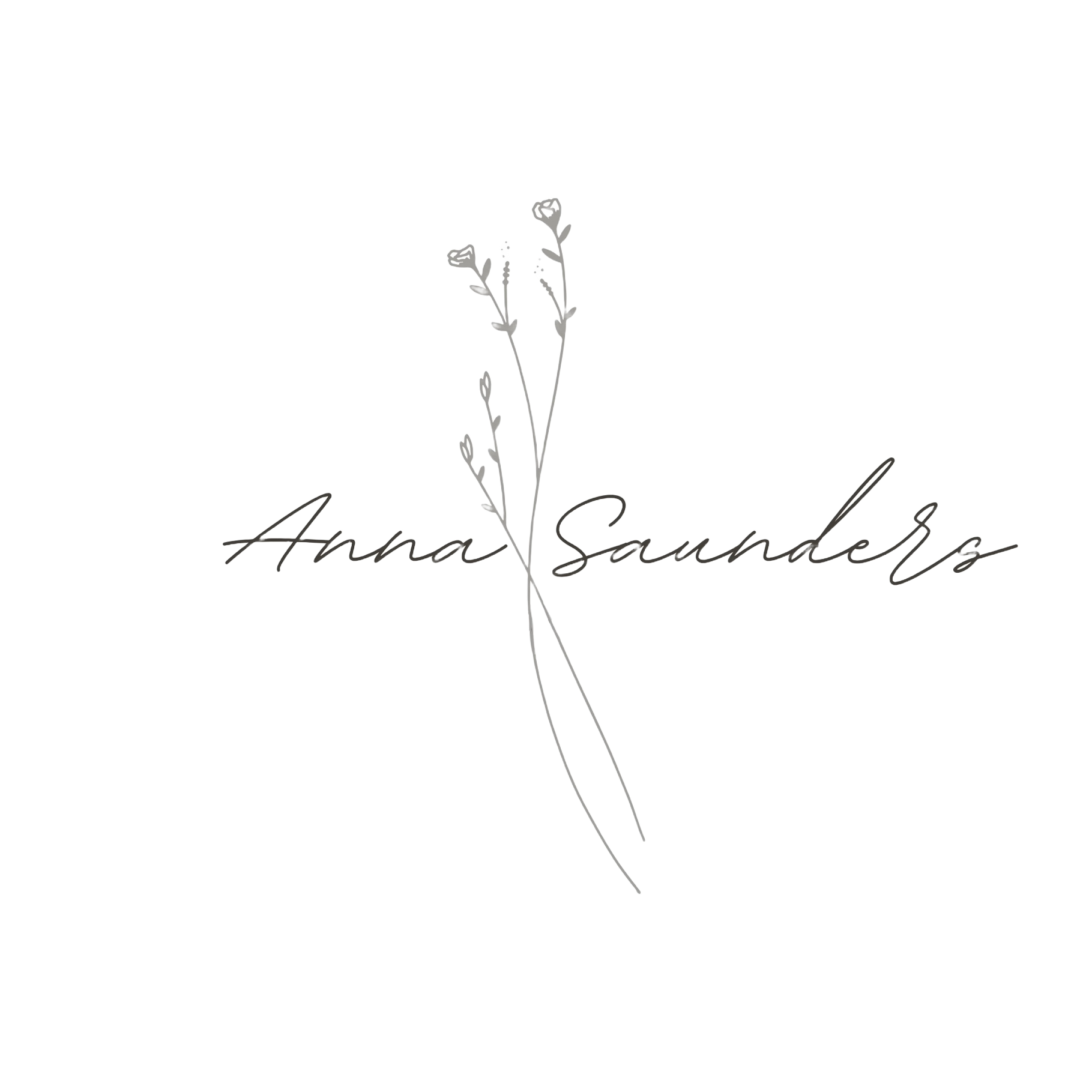 Black background with a white outline illustration of lavender flowers and the words "Anna Saunders" written in elegant cursive font underneath.