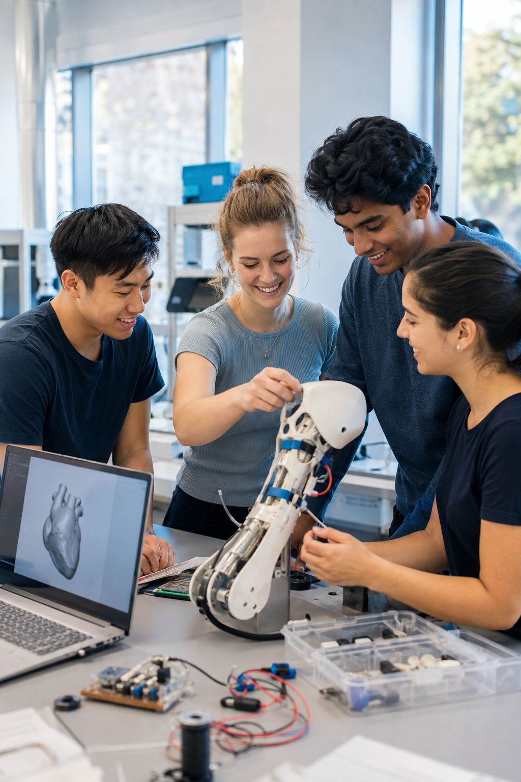 Group of young students working on a robot arm, with a laptop displaying a 3D heart model, in a modern laboratory.