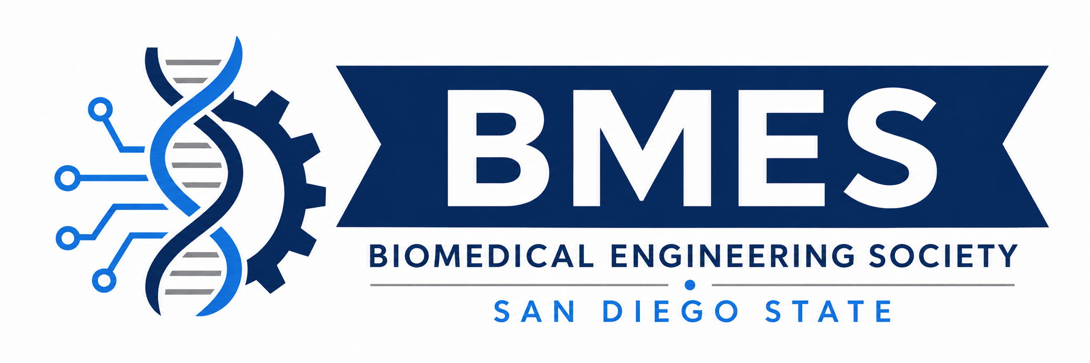 Logo of the Biomedical Engineering Society at San Diego State University featuring DNA strand, gear, and circuit elements.