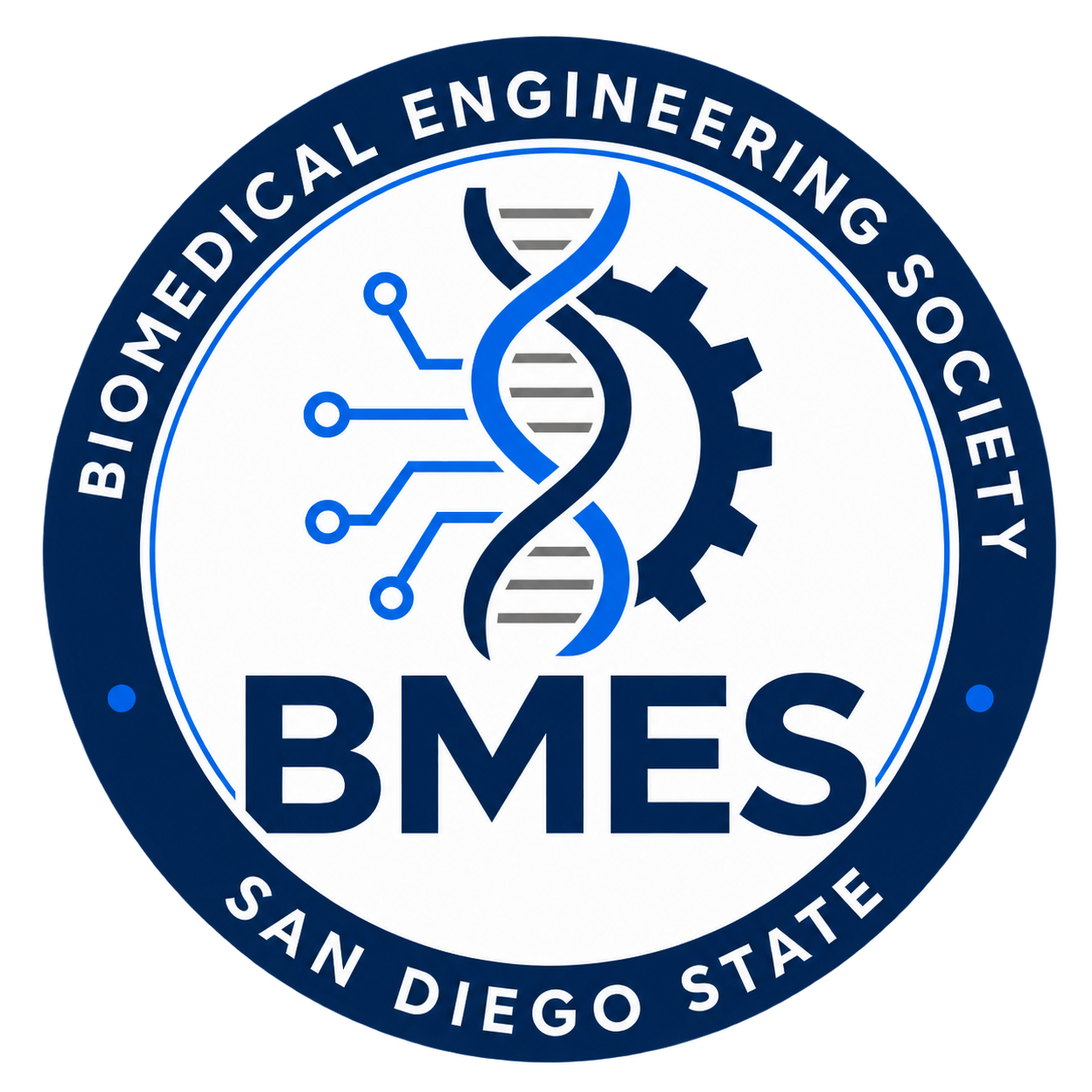 A circular logo with the text 'Biomedical Engineering Society San Diego State' around the outer edge. Inside, there is a DNA double helix in the center, flanked by a gear and an abstract circuit diagram, representing biomedical engineering.