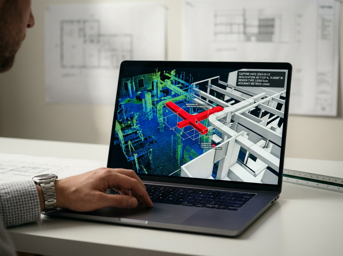 A person working on a laptop showing a 3D building design with a laser scan overlay.