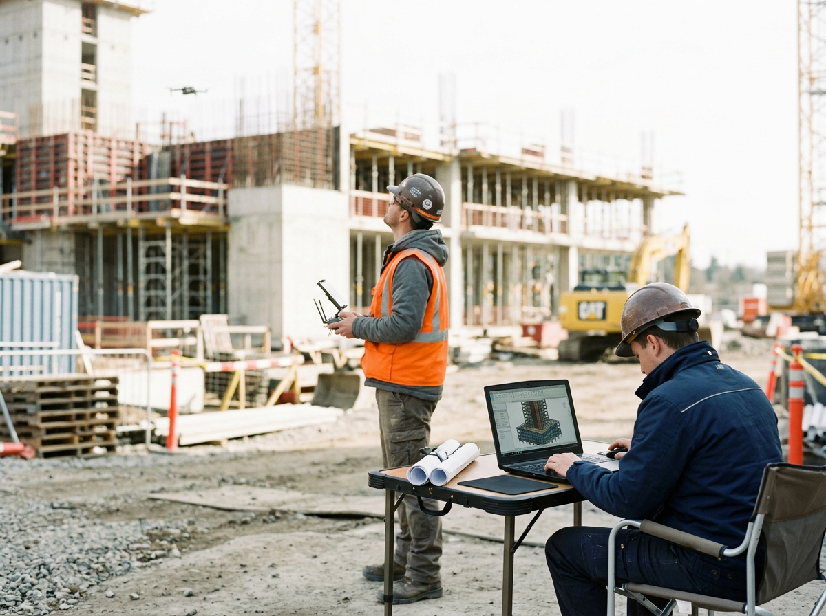Construction workers on site, one with a helmet and orange safety vest looking up, another seated with a helmet working on a laptop, documents, and a construction plan on the table.