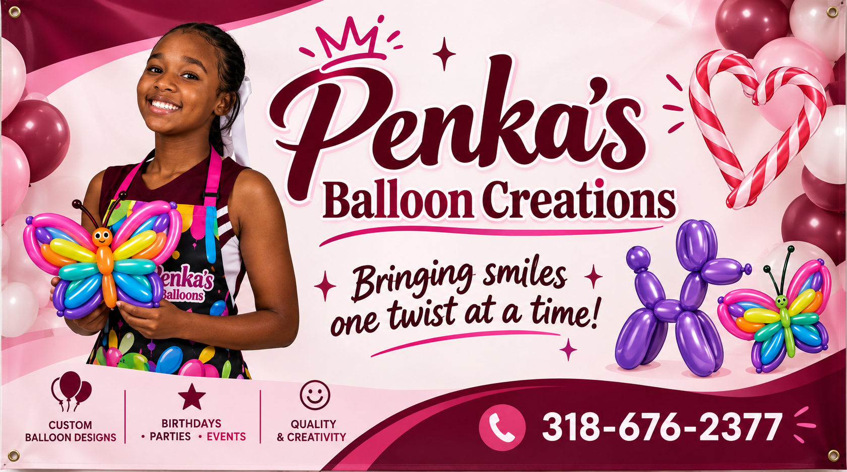 Colorful party invitation featuring a girl with two puffs of curly hair holding flowers and balloons surrounded by animals such as a dog, monkey, lion, star, and owl. Two children are jumping and celebrating. Bright decorations, stars, and confetti with text promoting birthday parties at Hot Springs Gymnastics.