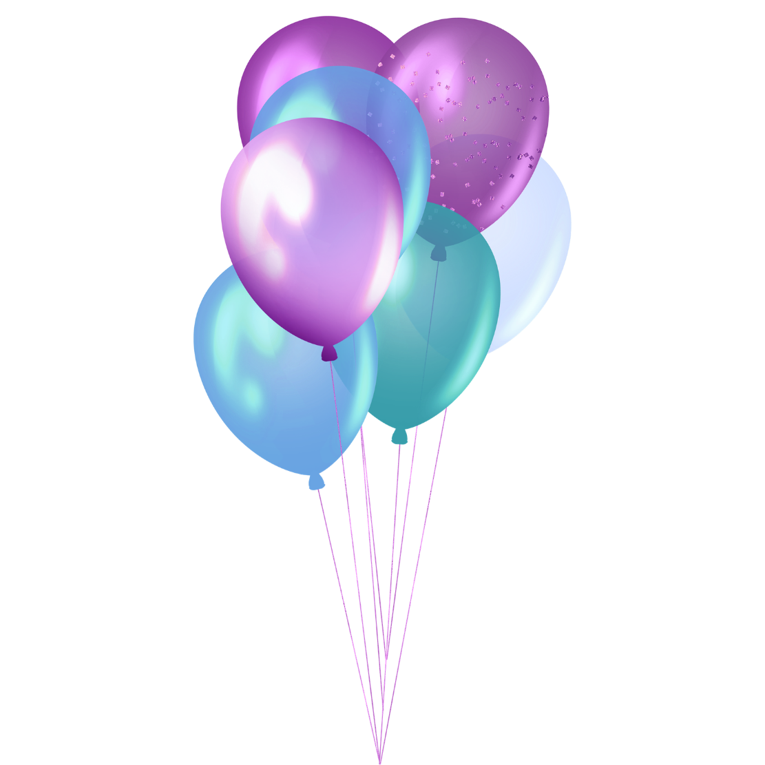A bunch of colorful balloons in shades of purple, pink, blue, and teal tied together.