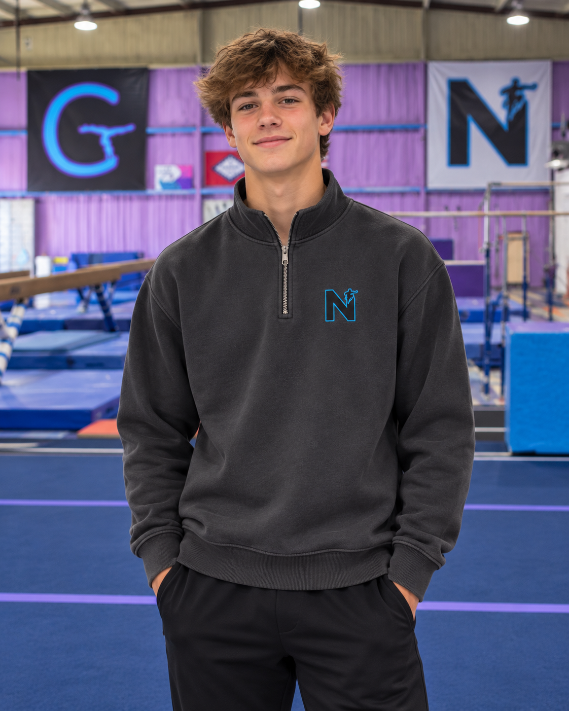 Ninja Logo Embroidered Faded Half-Zip Sweatshirt