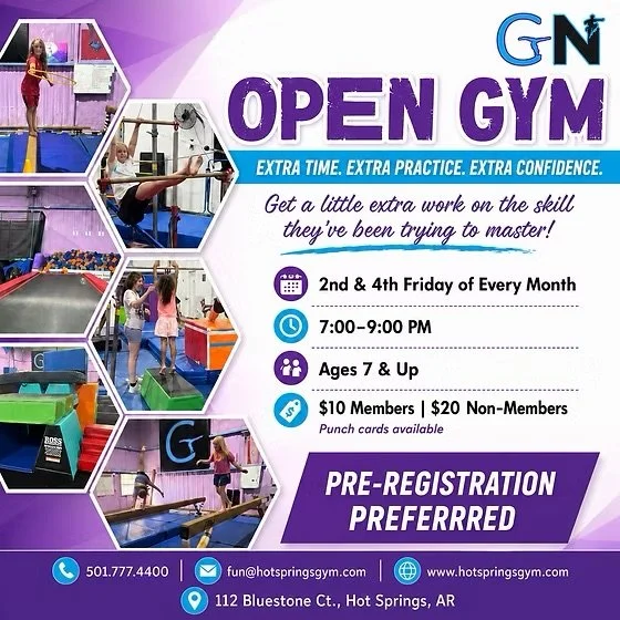 Flyer for G N Open Gym with schedule, pricing, and contact info, featuring images of children using gym equipment.