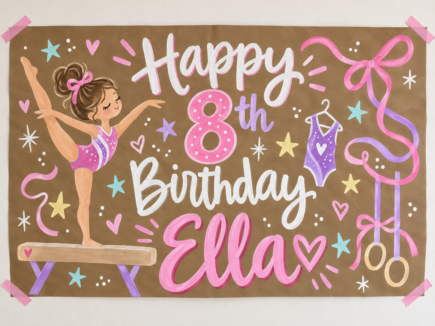 Celebration poster for Ella's 8th birthday with a gymnast illustration, colorful stars, hearts, and ribbons.