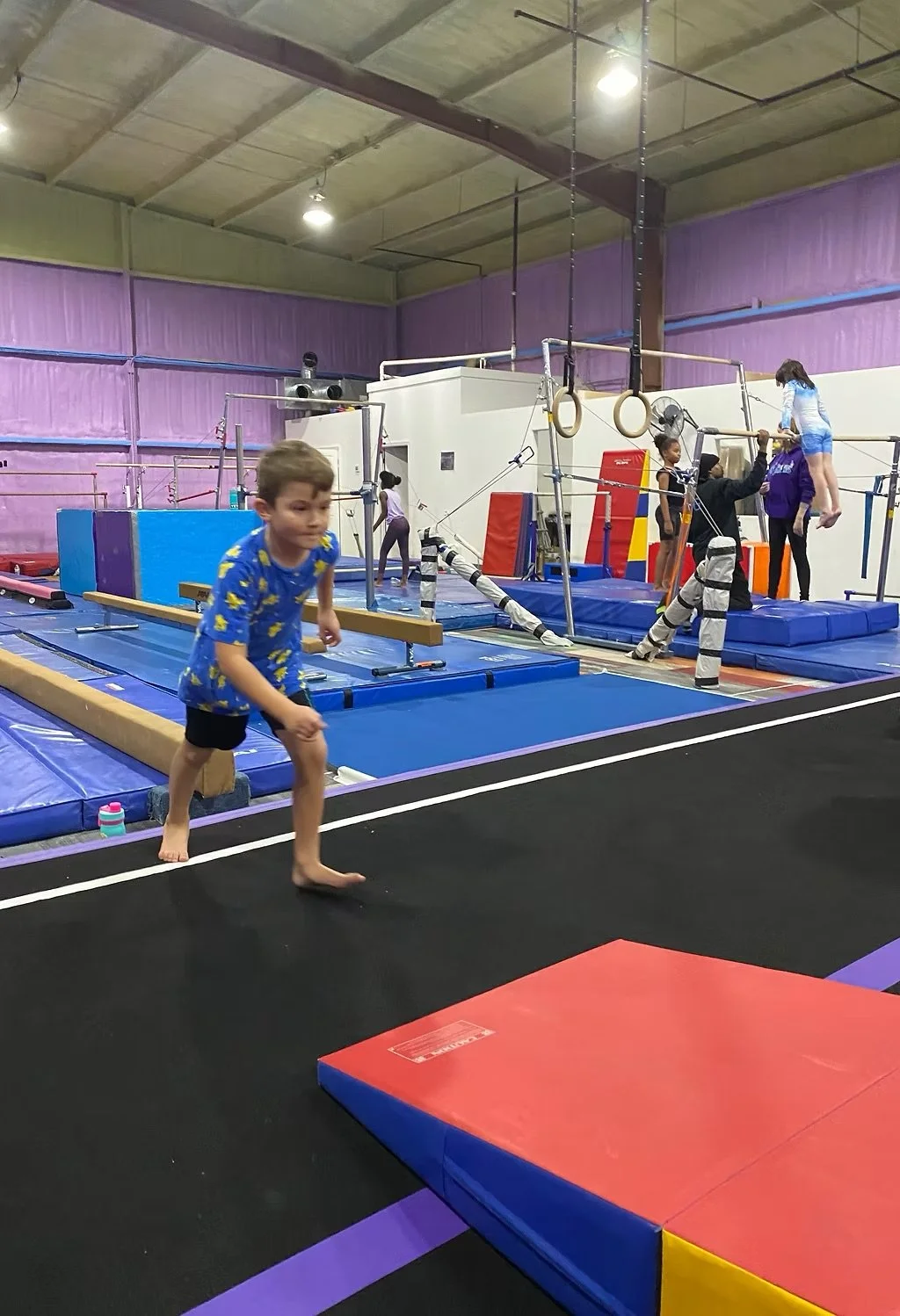 Children practicing gymnastics in an indoor gym with various equipment, including mats, bars, and rings. Hot Springs Gymnastics | 112 Bluestone Ct. Hot Springs, Arkansas 71901