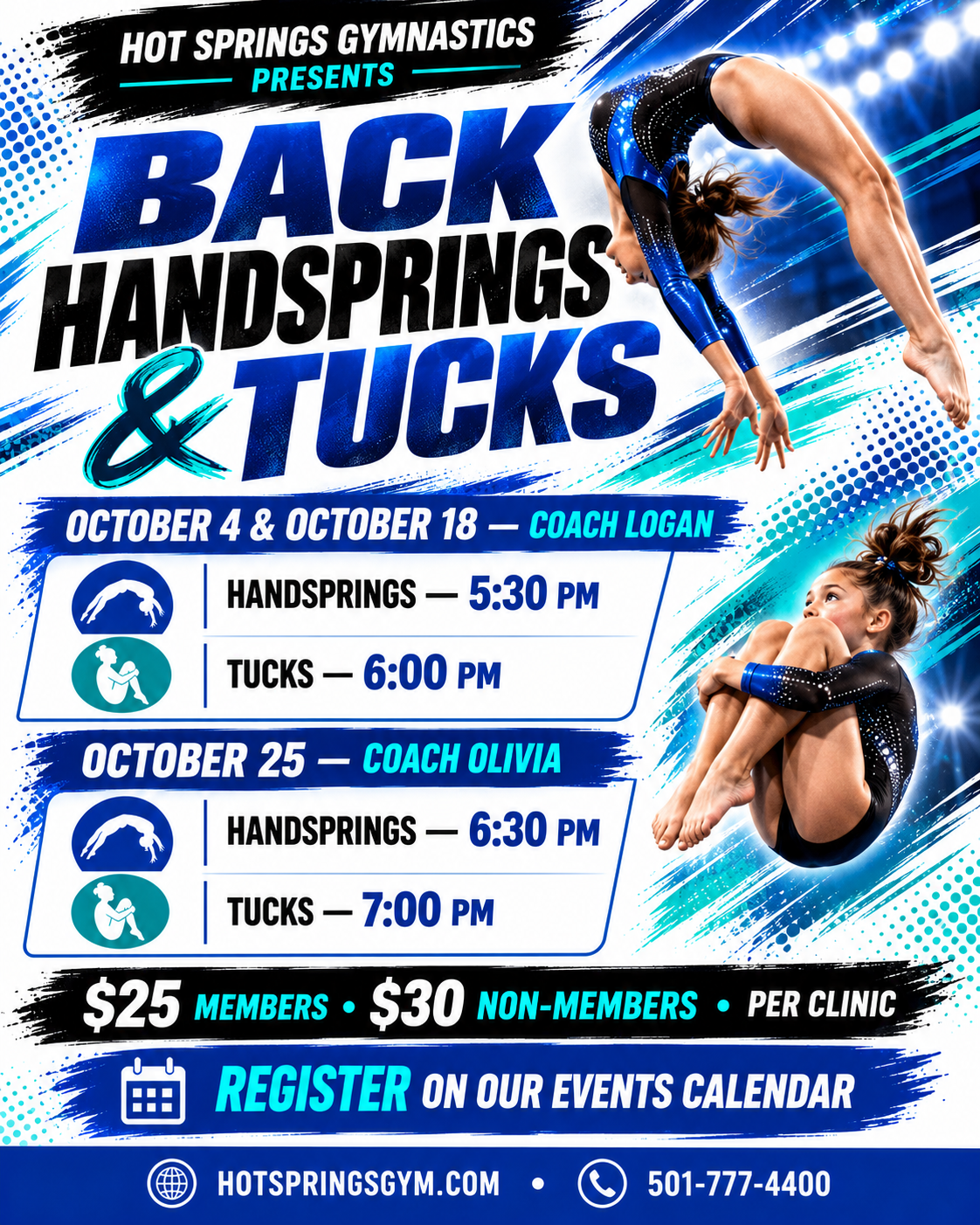 Flyer for Hot Springs Gymnastics with images of two young female gymnasts performing flips, event schedule for October 4-25, coaching details, registration info, and contact information.